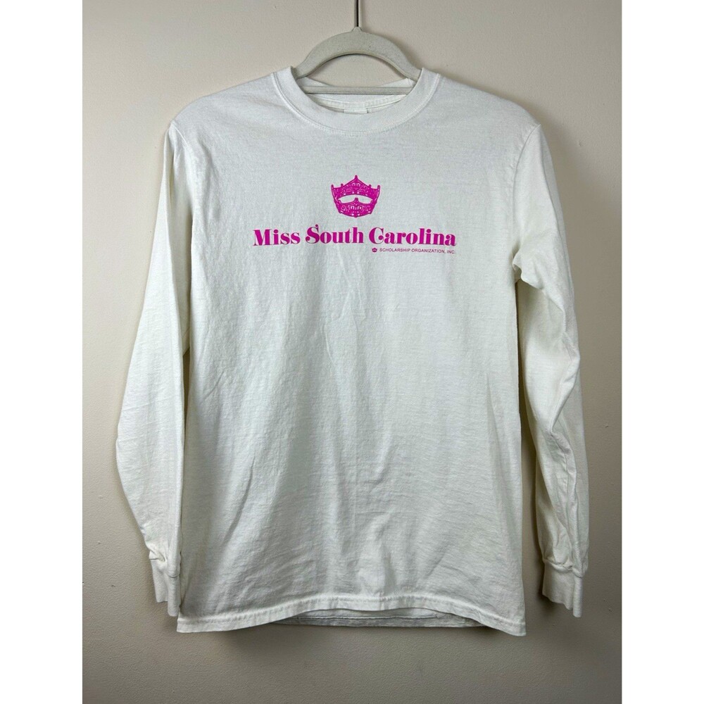 Gildan Ultra 100% Cotton White Pink Miss South Carolina Crew Neck Graphic Tee S